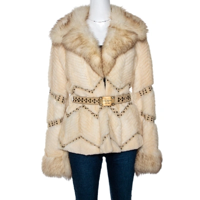 Pre-owned Versace Cream Mink Fur Stud Embellished Belted Coat S