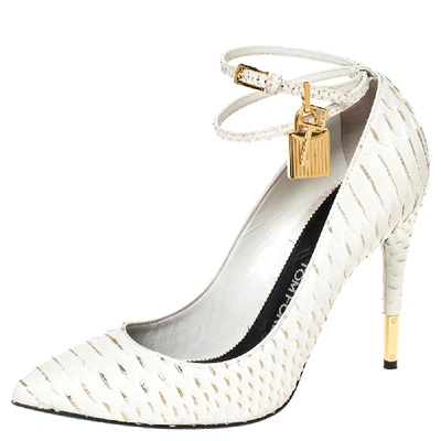 Pre-owned Tom Ford White Python Leather Padlock Ankle Strap Pointed Toe Pumps Size 38.5