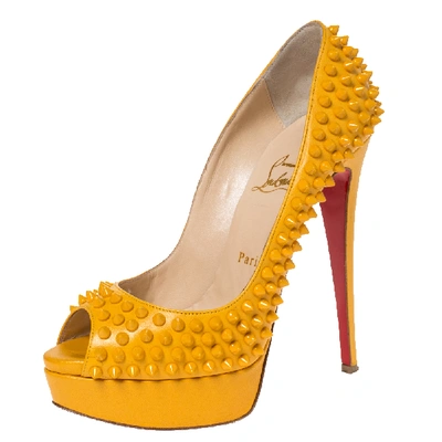 Pre-owned Christian Louboutin Yellow Leather Spikes Lady Peep Platform Pumps Size 38