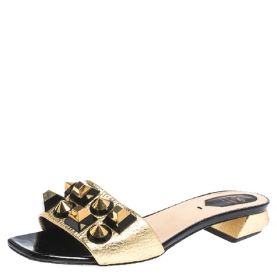 Pre-owned Fendi Gold Leather Studded Open Toe Flat Slides Size 38