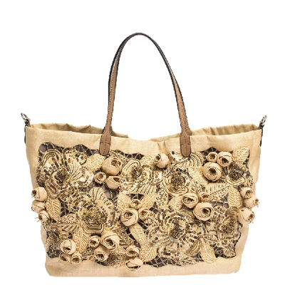 Pre-owned Valentino Garavani Beige Canvas Sequin And Beaded Floral Applique Tote