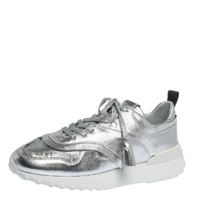 Pre-owned Tod's Metallic Sliver Perforated Leather Low Top Sneakers Size 39.5 In Silver