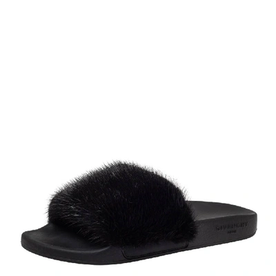 Pre-owned Givenchy Black Mink Fur Pool Slide Sandals Size 40