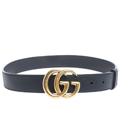 Pre-owned Gucci Navy Blue Leather Gg Logo Buckle Belt 80cm