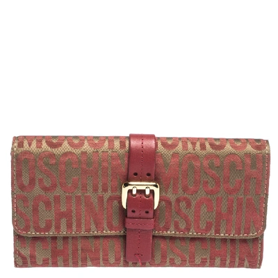 Pre-owned Moschino Red/beige Signature Fabric And Leather Buckle Flap Wallet