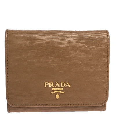 Pre-owned Prada Brown Leather Logo Trifold Compact Wallet