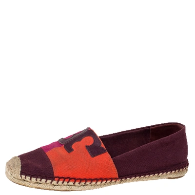 Pre-owned Tory Burch Tricolor Canvas Espadrille Slip On Loafers Size 40.5 In Burgundy