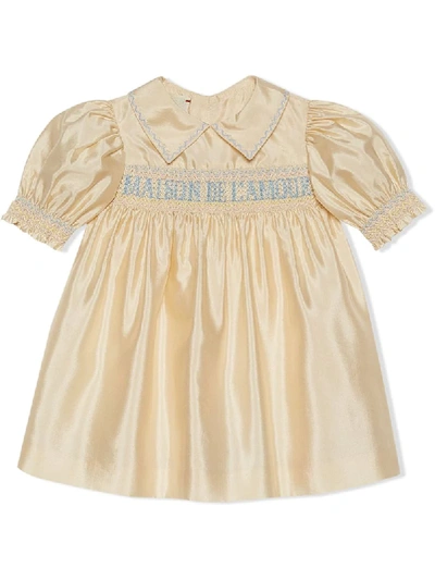 Shop Gucci Smocking-detail Collared Party Dress In Neutrals