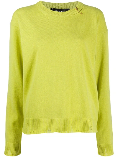 Shop Versace Safety Pin Knitted Jumper In Yellow