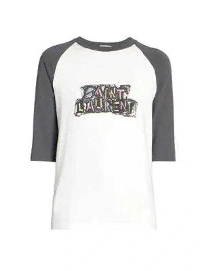 Shop Saint Laurent Women's Logo Raglan T-shirt In Ecru Multi