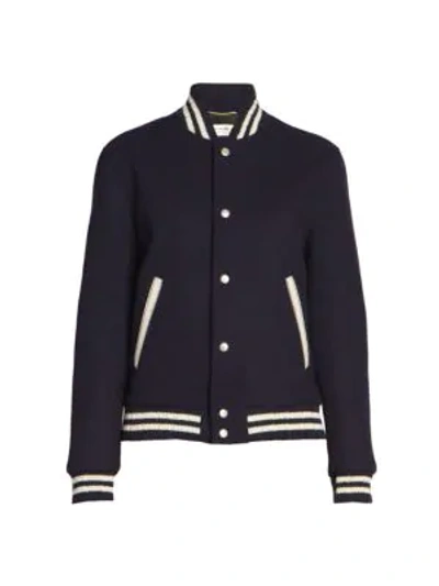 Shop Saint Laurent Women's Teddy Wool-blend Varsity Jacket In Blue