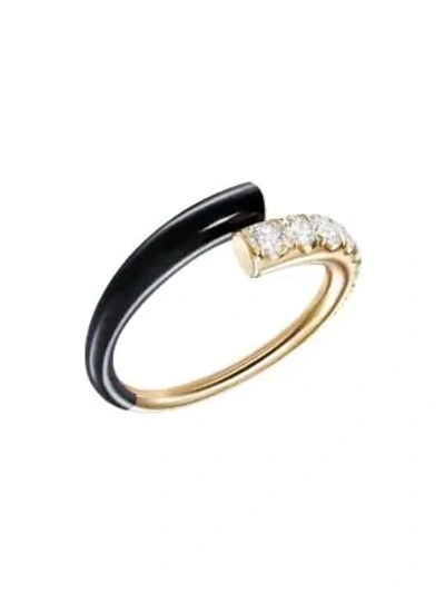 Shop Melissa Kaye Women's Lola 18k Yellow Gold, Diamond & Black Enamel Ring In Diamond Black Enamel