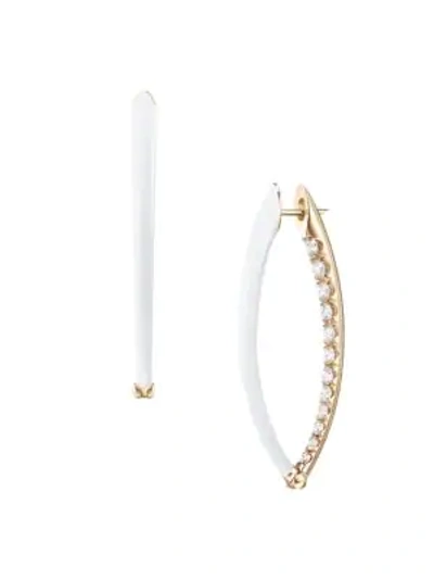 Shop Melissa Kaye Women's Cristina 18k Yellow Gold, Diamond & White Enamel Medium Angular Hoop Earrings In Diamond White Enamel