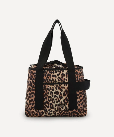 Shop Ganni Recycled Tech Fabric Drawstring Tote Bag In Leopard
