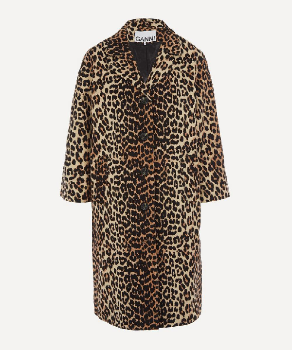 Ganni Single-breasted Leopard-print Linen-blend Coat In Neutrals | ModeSens