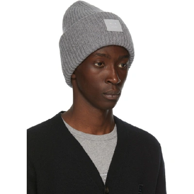 Shop Acne Studios Grey Rib Knit Patch Beanie In Grey Melang