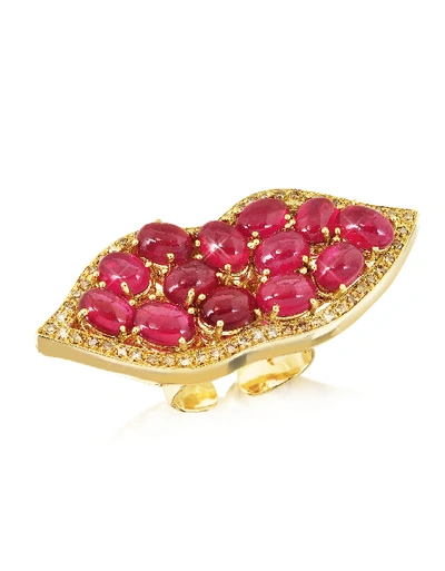 Shop Bernard Delettrez Designer Rings Big Mouth W/cabochon Rubies Gold Ring In Rouge