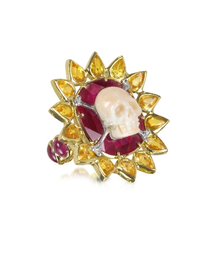 Shop Bernard Delettrez Designer Rings Gold, Ruby And Yellow Sapphires Skull Bone Ring In Rouge