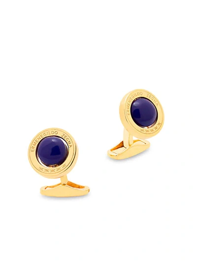 Shop Zegna Goldplated Sterling Silver Round Lapis Cufflinks