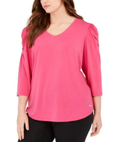 Shop Adrienne Vittadini Plus Size Knit Crepe Puff-sleeve Top In Very Berry