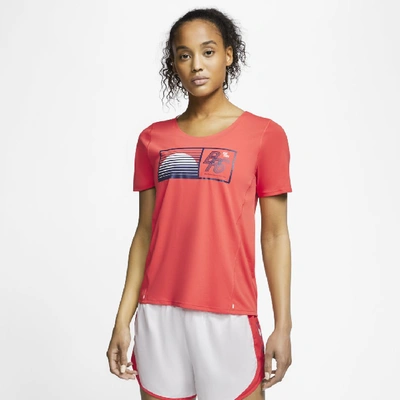 Shop Nike Women's City Sleek Blue Ribbon Sports Short-sleeve Running Top In Red