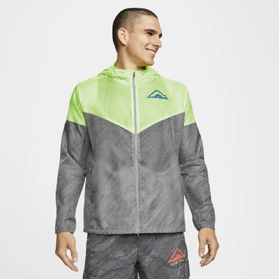 Shop Nike Windrunner Men's Hooded Trail Running Jacket In Particle Grey,barely Volt,laser Blue