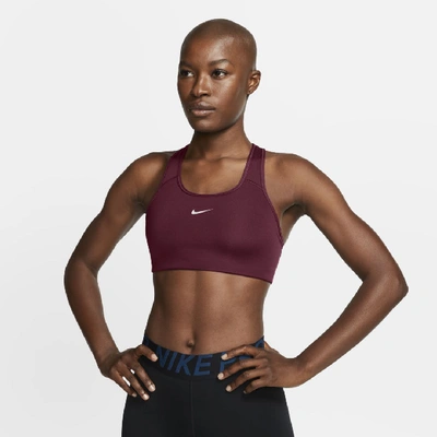 Shop Nike Swoosh Women's Medium-support 1-piece Pad Sports Bra In Dark Beetroot,pure,white