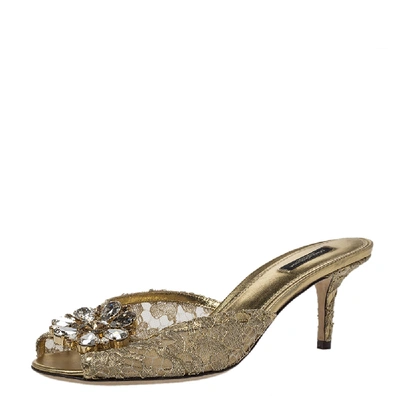 Pre-owned Dolce & Gabbana Metallic Gold Lace And Leather Crystal Embellished Slide Sandals Size 40