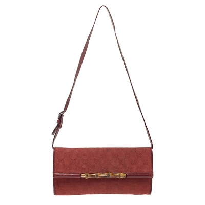 Pre-owned Gucci Cinnamon Red Gg Canvas Bamboo Bar Flap Clutch Bag