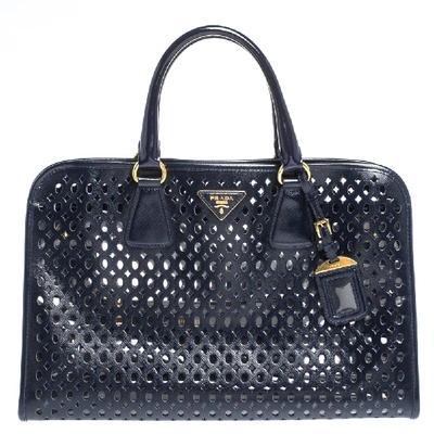 Pre-owned Prada Dark Blue Perforated Patent Leather Tote