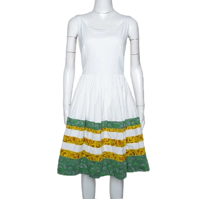 Pre-owned Prada White Cotton Striped Jacquard Trim Detail Flared Sleeveless Dress M