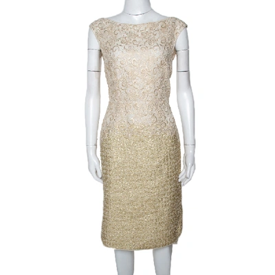 Pre-owned Giambattista Valli Gold & Cream Floral Lace Paneled Sheath Dress S