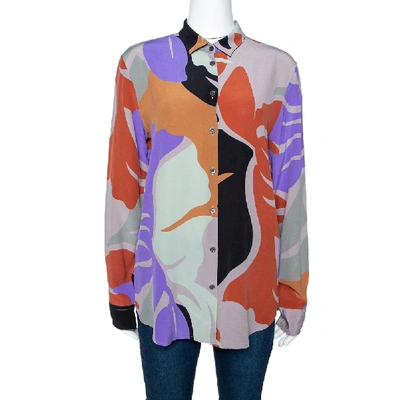 Pre-owned Etro Multicolor Abstract Printed Silk Crepe Button Front Shirt L