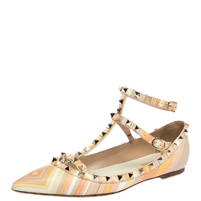 Pre-owned Valentino Garavani Multicolor Native Couture 1975 Print Leather Rockstud Pointed Toe Ballet Flats Size 39.5