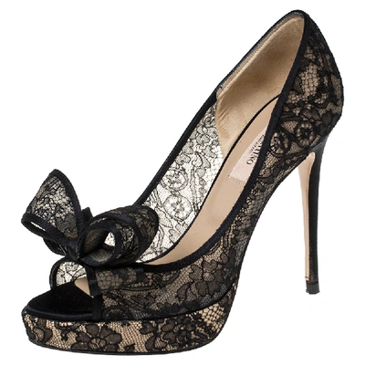 Pre-owned Valentino Garavani Black Floral Couture Lace Bow Peep Toe Platform Pumps Size 36