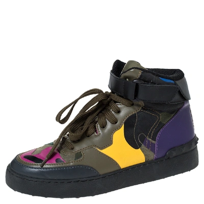 Pre-owned Valentino Garavani Multicolor Camoflauge Leather And Canvas High Top Sneakers Size 36