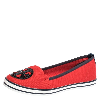 Pre-owned Tory Burch Red Canvas Logo Slip On Loafers Size 38