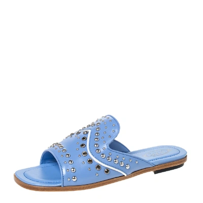 Pre-owned Tod's Blue Leather Studded Flat Slides Size 37.5