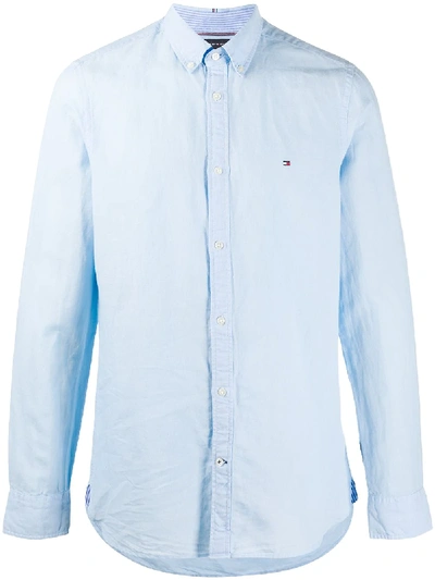 Shop Tommy Hilfiger Button-down Embroidered Logo Shirt In Blue