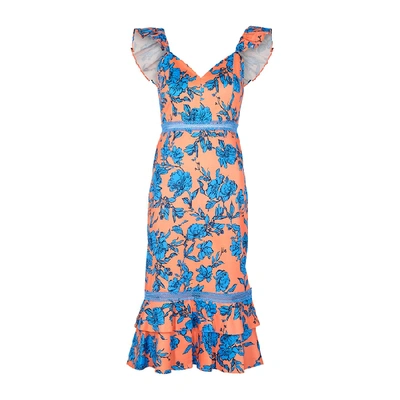 Shop Alice And Olivia Jade Floral-print Stretch-cotton Midi Dress In Orange