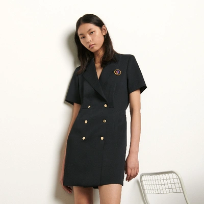 Shop Sandro Tailored Dress With Button Fastening In Navy Blue