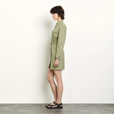 Shop Sandro Short Cotton Safari-style Dress In Argile