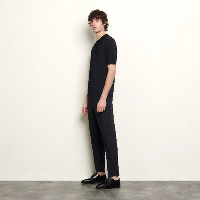 Shop Sandro Fine Knit Polo Shirt With Short Sleeves In Marine