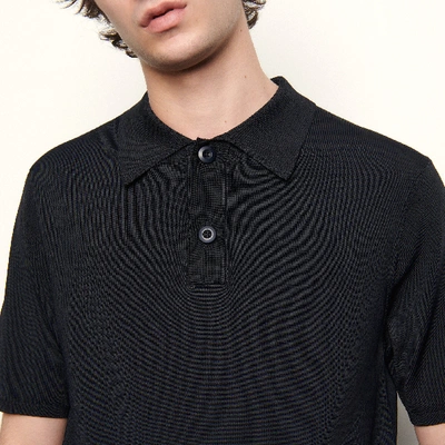 Shop Sandro Fine Knit Polo Shirt With Short Sleeves In Marine
