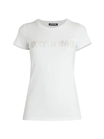 Shop Roberto Cavalli Snake-print Logo T-shirt In Optic White
