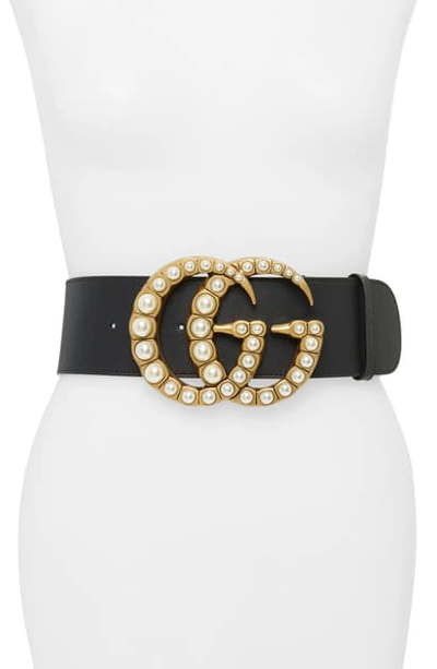 Shop Gucci Imitation Pearl Logo Buckle Leather Belt In 8984 Cerise/ Cream