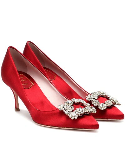 Shop Roger Vivier Flower Strass Satin Pumps In Red