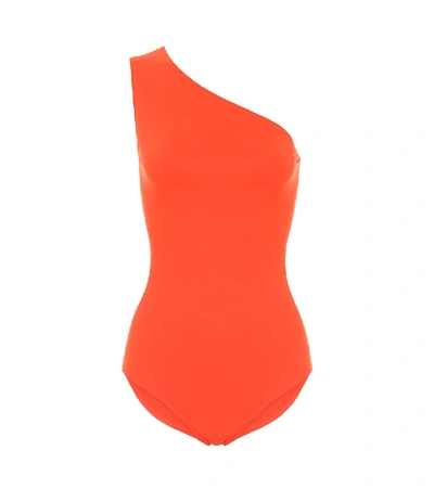 Shop Bottega Veneta One-shoulder Jersey Swimsuit In Orange