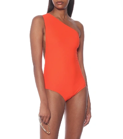 Shop Bottega Veneta One-shoulder Jersey Swimsuit In Orange