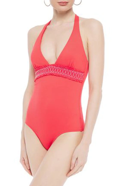 Shop Heidi Klein Cassis Smocked Stretch-piqué Halterneck Swimsuit In Papaya
